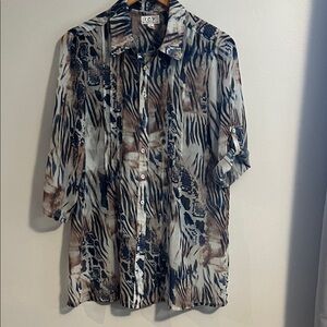 I.C.Y. Denim Animal Print Button-Up Tunic in Blue/ neutrals, size L
